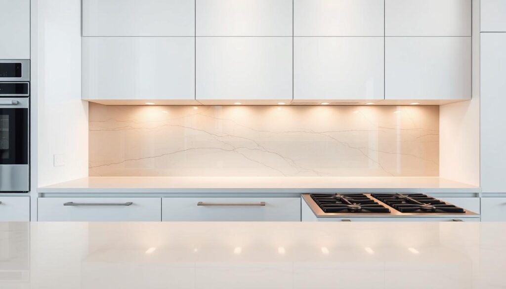 A sleek, modern kitchen with a stunning glass backsplash that offers exceptional protection against splatters and spills. The glass panel, expertly crafted, seamlessly blends into the clean, minimalist aesthetic, reflecting the warm, ambient lighting that bathes the space. Subtle veins of natural stone patterns add visual interest, complementing the smooth, glossy surface. The backsplash extends from the countertop to the upper cabinets, creating a cohesive, high-end look that elevates the entire kitchen design. A pristine, well-maintained appearance that effortlessly withstands the daily demands of a busy cooking environment, making it the ideal choice for any modern, discerning kitchen. A sleek, modern kitchen with a stunning glass backsplash that offers exceptional protection against splatters and spills. The glass panel, expertly crafted, seamlessly blends into the clean, minimalist aesthetic, reflecting the warm, ambient lighting that bathes the space. Subtle veins of natural stone patterns add visual interest, complementing the smooth, glossy surface. The backsplash extends from the countertop to the upper cabinets, creating a cohesive, high-end look that elevates the entire kitchen design. A pristine, well-maintained appearance that effortlessly withstands the daily demands of a busy cooking environment, making it the ideal choice for any modern, discerning kitchen.