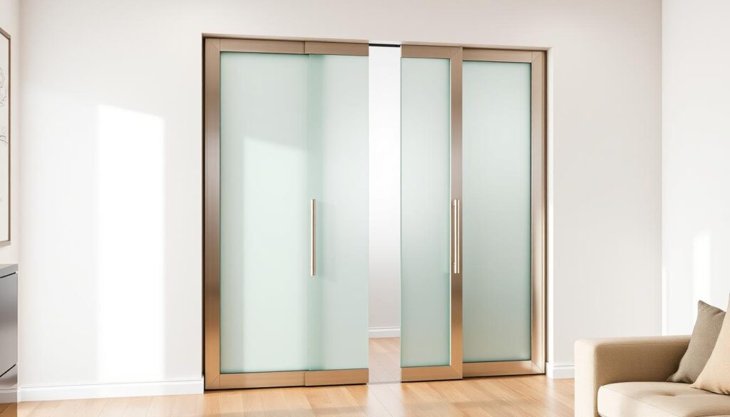 A sleek, modern milchglas schiebetür with a clean, minimalist design. The translucent glass panels let in soft, diffused light, creating a warm and inviting atmosphere. The door frames are made of high-quality, brushed aluminum, giving the piece a sophisticated, industrial-chic aesthetic. The schiebetür is expertly crafted, with seamless sliding mechanics and precise, flush-mounted hardware. It is positioned in a well-lit, airy interior space, perhaps a living room or home office, complementing the neutral color palette and natural wood accents. The lighting is carefully balanced, with a mix of ambient and directional sources, highlighting the elegant simplicity of the milchglas schiebetür.