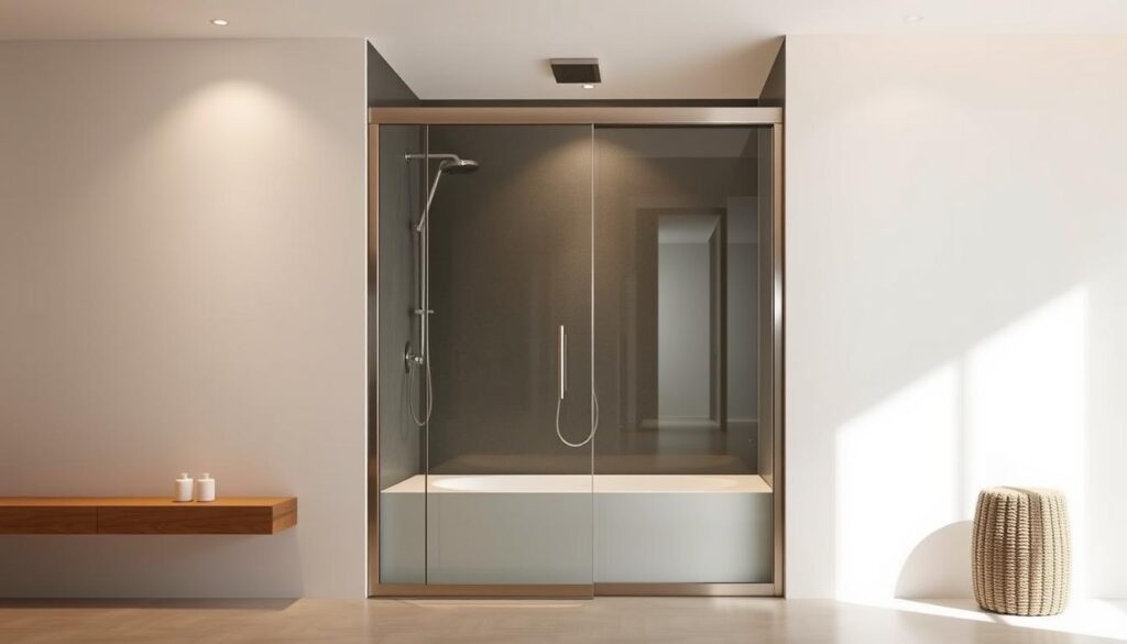 A sleek, modern nischentür made of tempered glass, framed in brushed stainless steel, standing tall in a minimalist bathroom. The door's clean lines and seamless integration create an elegant, spa-like atmosphere. Soft, indirect lighting casts a warm glow, highlighting the glass's translucency and the door's precise, angular design. The nischentür blends effortlessly with the duschabtrennung, forming a cohesive, high-end solution that maximizes the space while maintaining an open, airy feel. The entire scene exudes a sense of luxury and tranquility, perfectly suited for the "Nischentür und Duschabtrennung: smarte Lösungen für Nischen und verwinkelte Räume" section. A sleek, modern nischentür made of tempered glass, framed in brushed stainless steel, standing tall in a minimalist bathroom. The door's clean lines and seamless integration create an elegant, spa-like atmosphere. Soft, indirect lighting casts a warm glow, highlighting the glass's translucency and the door's precise, angular design. The nischentür blends effortlessly with the duschabtrennung, forming a cohesive, high-end solution that maximizes the space while maintaining an open, airy feel. The entire scene exudes a sense of luxury and tranquility, perfectly suited for the "Nischentür und Duschabtrennung: smarte Lösungen für Nischen und verwinkelte Räume" section.