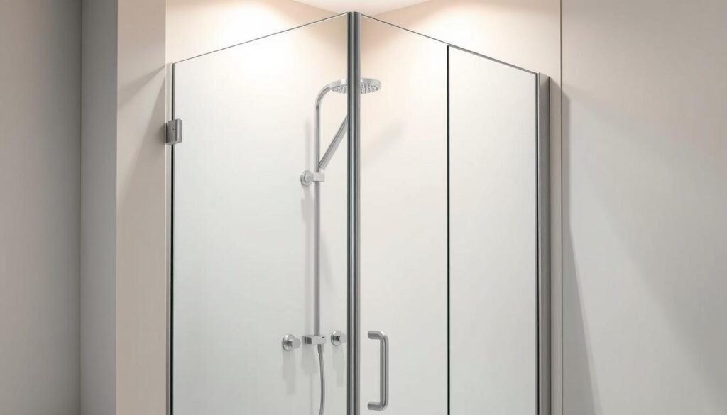 A sleek, modern shower enclosure against a clean, minimalist bathroom backdrop. The glass panels are semi-transparent, allowing light to flow through, creating a sense of openness. The configuration is customizable, with smooth sliding doors that seamlessly integrate into the corner space. Warm, diffused lighting from above illuminates the scene, highlighting the high-quality materials and precise engineering. The overall design is both functional and aesthetically pleasing, perfectly suited for the "Duschwand über Eck" feature described in the article. A sleek, modern shower enclosure against a clean, minimalist bathroom backdrop. The glass panels are semi-transparent, allowing light to flow through, creating a sense of openness. The configuration is customizable, with smooth sliding doors that seamlessly integrate into the corner space. Warm, diffused lighting from above illuminates the scene, highlighting the high-quality materials and precise engineering. The overall design is both functional and aesthetically pleasing, perfectly suited for the "Duschwand über Eck" feature described in the article.