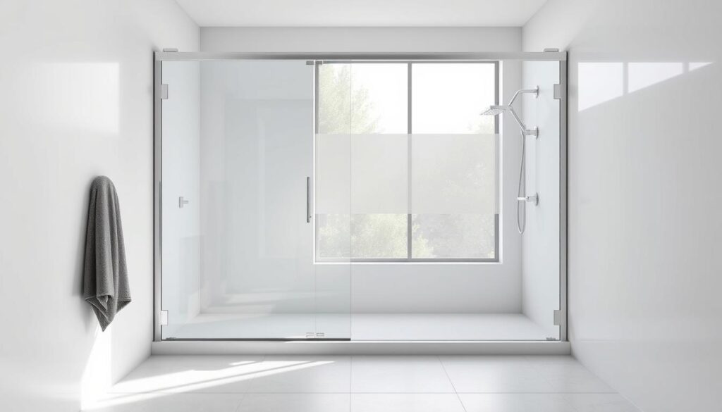 A sleek, modern shower enclosure in a minimalist bathroom setting. A tempered glass duschwand panel, frameless and seamlessly integrated into the space, reflects the natural light streaming in through large windows. The glass panel is mounted flush with the floor, creating a streamlined, bodengleich effect. Solid chrome hardware accents the clean lines, while discreet hinges and guides ensure smooth, stable operation. The duschwand appears effortlessly suspended, its transparency and precision of engineering conveying a sense of quality and timelessness. The overall mood is one of serene sophistication, perfectly suited for the "Montage, Stabilität und Pflege" section of the article. A sleek, modern shower enclosure in a minimalist bathroom setting. A tempered glass duschwand panel, frameless and seamlessly integrated into the space, reflects the natural light streaming in through large windows. The glass panel is mounted flush with the floor, creating a streamlined, bodengleich effect. Solid chrome hardware accents the clean lines, while discreet hinges and guides ensure smooth, stable operation. The duschwand appears effortlessly suspended, its transparency and precision of engineering conveying a sense of quality and timelessness. The overall mood is one of serene sophistication, perfectly suited for the "Montage, Stabilität und Pflege" section of the article.