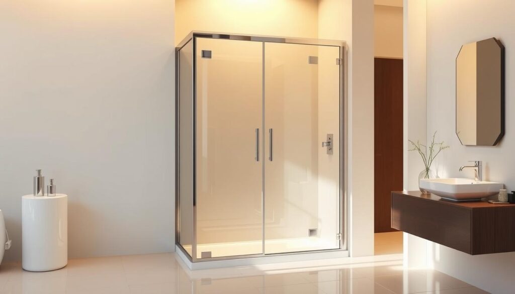 A sleek, modern shower enclosure made of tempered glass panels and a sturdy metal frame. The 90x90 cm cubicle stands elegantly in a minimalist bathroom, illuminated by warm, natural lighting. The glass surfaces glisten, creating a sense of cleanliness and refinement. The door slides open effortlessly, inviting the user into a spacious, well-designed showering area. The overall aesthetic is one of sophistication and functionality, perfectly complementing the high-quality bathroom fixtures and fittings.