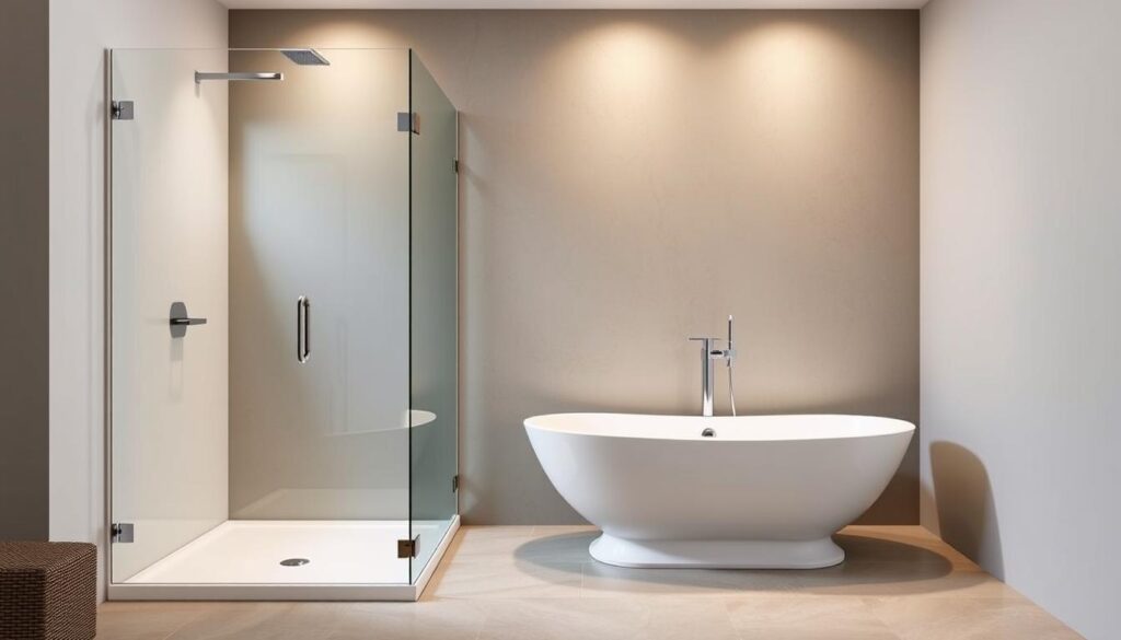 A sleek, modern shower enclosure made of tempered glass stands beside a classic freestanding bathtub, creating a seamless and inviting bathroom environment. The glass panels feature a polished, frameless design that reflects the warm, diffused lighting from overhead fixtures. The smooth, clean lines of the enclosure complement the curved silhouette of the tub, blending form and function in a harmonious way. The floor is tiled in a neutral, natural stone-inspired pattern, adding a touch of elegance and grounding the scene. This custom-tailored solution from Glastuerhop24 embodies their commitment to providing high-quality, made-to-measure products that elevate the bathroom experience.