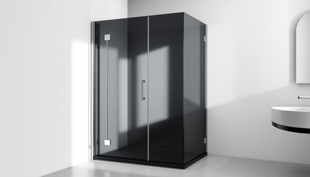 A sleek, modern shower enclosure stands in a minimalist bathroom setting. The 90x90 cm frameless glass panel is coated in a deep, matte black finish, reflecting the chrome accents of the modern faucet and hardware. Soft, diffused lighting casts long shadows, accentuating the clean, angular lines of the design. The room's palette is dominated by shades of black, white, and gray, creating a sophisticated, contemporary atmosphere. The overall impression is one of elegant simplicity, where form and function seamlessly converge.