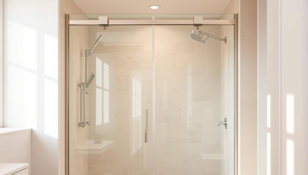 A sleek, modern shower enclosure with a frameless glass door stands in a bright, airy bathroom. The door features clean, minimalist lines, seamlessly blending with the surrounding tiles and fixtures. Soft, indirect lighting casts a warm, inviting glow, highlighting the door's crystal-clear transparency and the elegant silhouette it creates. The glass panels reflect the room's subtle textures and colors, creating a sense of depth and visual interest. The overall scene exudes a spa-like ambiance, showcasing the high-quality, custom-tailored nature of the glass door within the carefully curated bathroom setting. A sleek, modern shower enclosure with a frameless glass door stands in a bright, airy bathroom. The door features clean, minimalist lines, seamlessly blending with the surrounding tiles and fixtures. Soft, indirect lighting casts a warm, inviting glow, highlighting the door's crystal-clear transparency and the elegant silhouette it creates. The glass panels reflect the room's subtle textures and colors, creating a sense of depth and visual interest. The overall scene exudes a spa-like ambiance, showcasing the high-quality, custom-tailored nature of the glass door within the carefully curated bathroom setting.