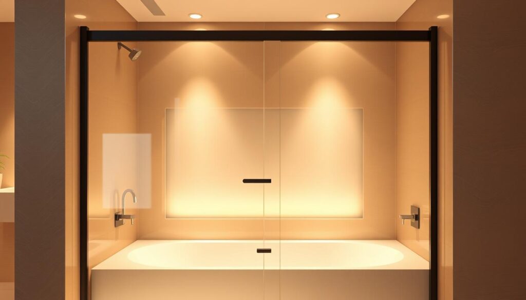 A sleek, modern shower enclosure with a glass panel set against a luxurious bathtub. The 6mm tempered glass, coated with a nano-treatment, reflects the warm, ambient lighting of the bathroom, creating a seamless, high-end aesthetic. The clean, minimalist design showcases the quality materials, emphasizing comfort and elegance. The sharp angles and precision-engineered frame exude a sense of sophistication, while the transparent panel allows for an open, airy feel in the space. Carefully composed to highlight the craftsmanship and attention to detail, the scene evokes a spa-like atmosphere of relaxation and indulgence. A sleek, modern shower enclosure with a glass panel set against a luxurious bathtub. The 6mm tempered glass, coated with a nano-treatment, reflects the warm, ambient lighting of the bathroom, creating a seamless, high-end aesthetic. The clean, minimalist design showcases the quality materials, emphasizing comfort and elegance. The sharp angles and precision-engineered frame exude a sense of sophistication, while the transparent panel allows for an open, airy feel in the space. Carefully composed to highlight the craftsmanship and attention to detail, the scene evokes a spa-like atmosphere of relaxation and indulgence.