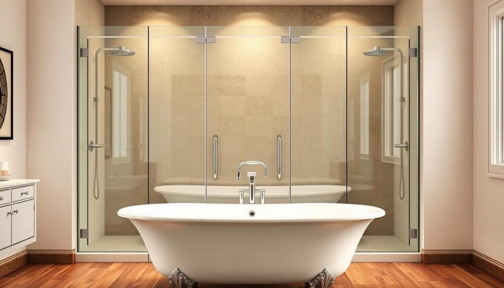 A sleek, modern shower wall system composed of high-quality, tempered glass panels, arranged in a 2-part, 3-part, or 4-6-part foldable configuration. The glass panes are frameless, with seamless joints, creating a minimalist, streamlined aesthetic. Warm, soft lighting illuminates the scene, highlighting the clarity and reflective properties of the glass. The shower enclosure is situated in a spacious, well-appointed bathroom, with a large, clawfoot bathtub in the foreground. The overall composition emphasizes the versatility, functionality, and elegant design of this modular shower wall solution.