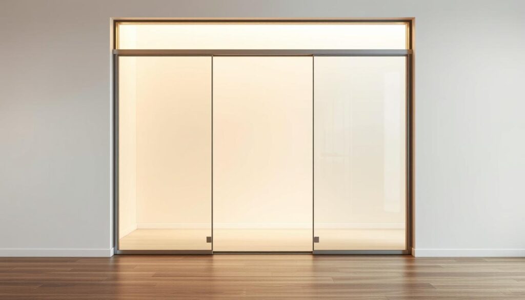 A sleek, modern sliding door set against a minimalist, light-filled interior. The glass panels glide effortlessly along a concealed track, seamlessly integrating with the surrounding wall. Warm, diffused lighting accentuates the clean lines and reflective surfaces, creating a sense of sophistication and tranquility. The frameless design emphasizes the transparency, allowing the room's atmosphere to flow uninterrupted. Subtle details, such as discreet hardware and a flush threshold, contribute to the overall refined aesthetic. This complete sliding door solution from Glastuerhop24 exemplifies innovative, space-saving functionality perfectly suited for contemporary living spaces.