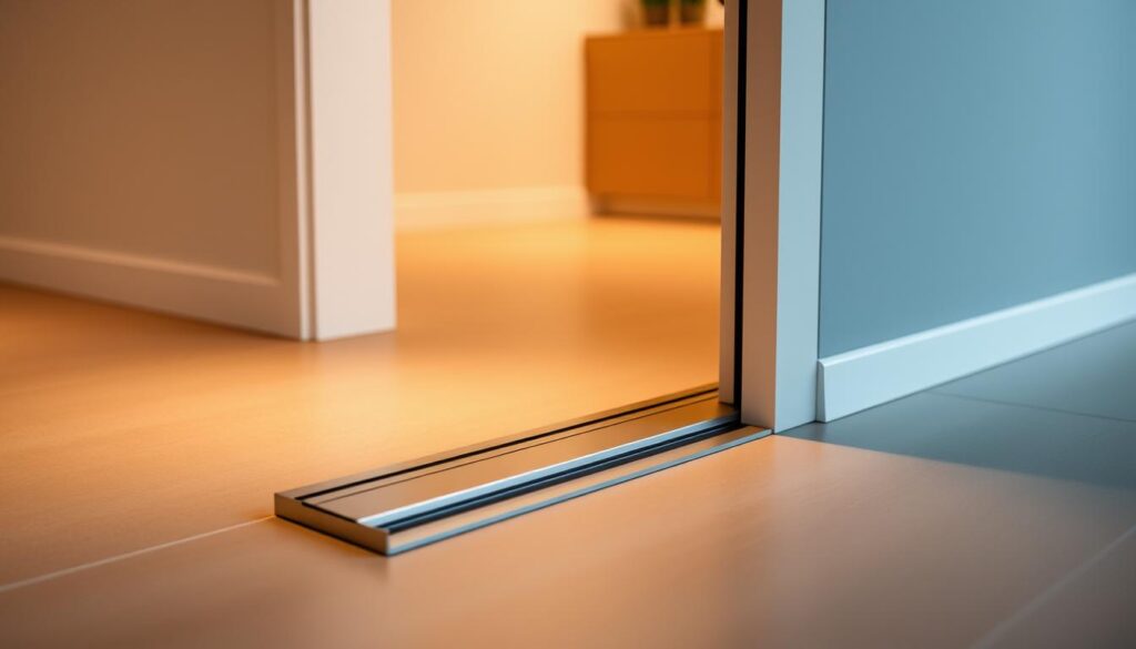 A sleek, modern sliding door system, showcasing a precision-engineered aluminum bottom track. The track is seamlessly integrated into the floor, creating a flush, minimalist transition. Soft-close mechanisms gently guide the door to a smooth, silent halt, exuding a sense of luxury and refinement. Diffused, warm lighting illuminates the scene, highlighting the high-quality materials and attention to detail. The overall composition emphasizes the technical prowess and elegant design of this innovative home solution, inviting the viewer to imagine its integration within a contemporary living space.