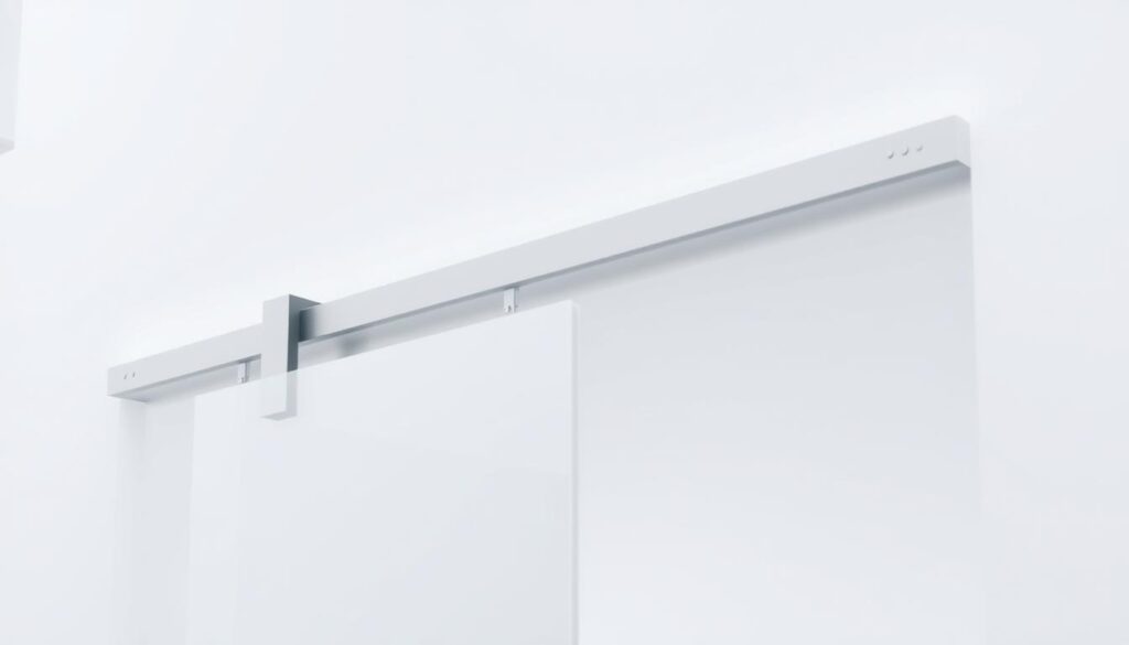 A sleek, modern sliding door system with a minimalist silver aluminum track running along the top of a pristine white wall. The track is smooth and seamless, casting subtle shadows that add depth and dimension. The sliding door mechanism is hidden, creating a clean, uninterrupted aesthetic. The lighting is soft and diffused, highlighting the high-quality materials and precision engineering of the system. The overall scene conveys a sense of elegance, functionality, and quiet sophistication - a technological marvel that blends seamlessly into the architectural space.