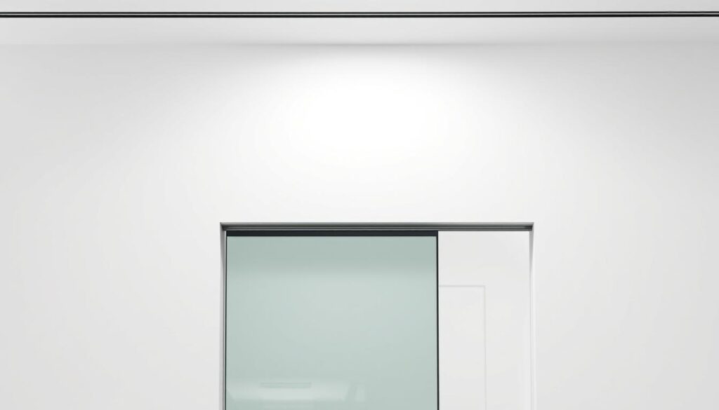 A sleek, modern sliding glass door in a sophisticated, minimal interior. The tempered glass panel glides effortlessly along a discrete metal track, flush with the wall. Bright, even lighting from above accentuates the door's clean lines and elegant silhouette. The surrounding space is uncluttered, allowing the sliding door to take center stage as a functional yet visually striking architectural element. Subtle reflections on the glass surface create a sense of depth and fluidity, complementing the room's airy, contemporary aesthetic. The door's seamless integration into the minimalist design demonstrates its versatility as a space-saving, high-quality solution for discerning homeowners.