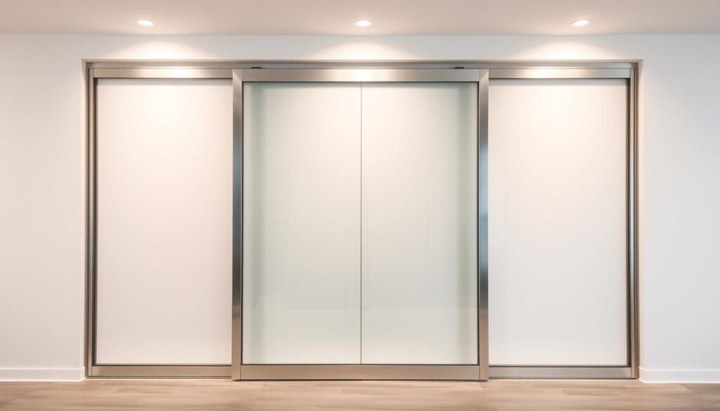 A sleek, modern sliding glass door set against a minimalist white wall backdrop. The frame is crafted from high-quality, brushed aluminum with clean, sharp lines that seamlessly integrate with the wall. The glass panels are crystal clear, allowing an unobstructed view of the surrounding space. The door effortlessly glides open and closed on precision-engineered tracks, creating a smooth, effortless operation. Soft, diffused lighting from recessed fixtures above casts a warm glow, highlighting the elegant simplicity of the design. The overall scene conveys a sense of modern sophistication and functionality, perfectly suited for a high-end residential or commercial interior. A sleek, modern sliding glass door set against a minimalist white wall backdrop. The frame is crafted from high-quality, brushed aluminum with clean, sharp lines that seamlessly integrate with the wall. The glass panels are crystal clear, allowing an unobstructed view of the surrounding space. The door effortlessly glides open and closed on precision-engineered tracks, creating a smooth, effortless operation. Soft, diffused lighting from recessed fixtures above casts a warm glow, highlighting the elegant simplicity of the design. The overall scene conveys a sense of modern sophistication and functionality, perfectly suited for a high-end residential or commercial interior.