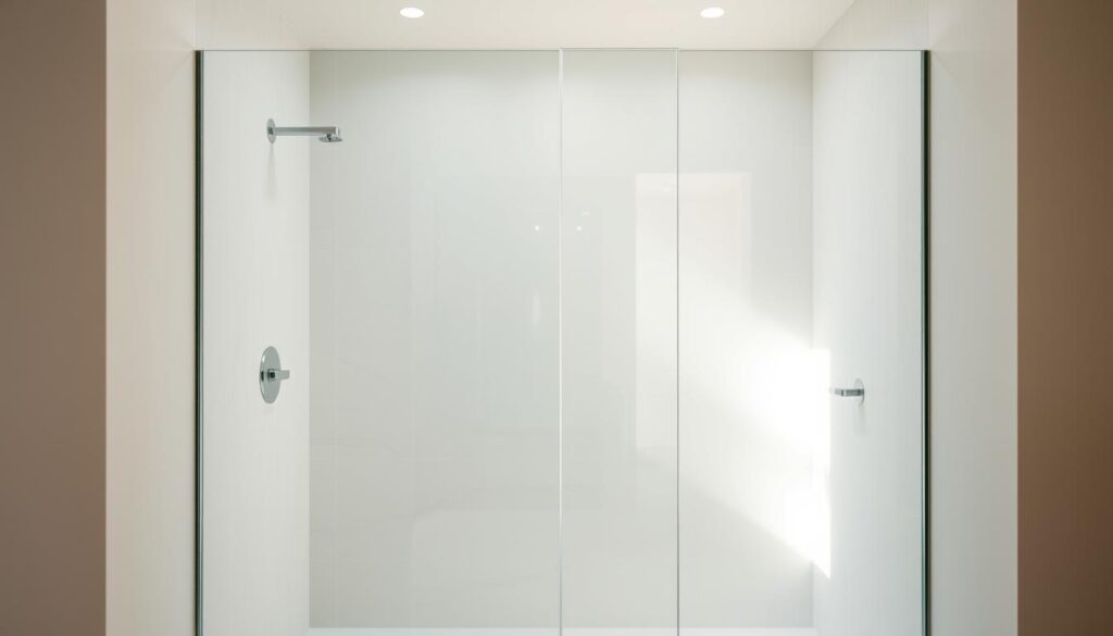 A sleek, modern walk-in glass shower enclosure set against a bright, airy bathroom interior. The frameless glass panel, designed with clean lines and seamless edges, creates an open, spacious feel. Soft, natural lighting filters through the transparent barrier, casting a warm glow and enhancing the luxurious ambiance. The glass surface has a subtle, satin-like finish, reflecting the elegant tile work and minimalist fixtures. The overall composition conveys a sense of tranquility, elevating the everyday shower experience into a spa-like sanctuary. A sophisticated, functional solution that blends form and function, showcasing the versatility and beauty of contemporary glass shower design.