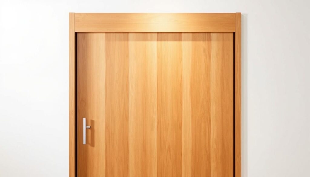 A sleek, modern wooden door panel in a warm, natural hue, its smooth surface reflecting the warm glow of a soft, directional lighting. The grain of the wood is visible, adding a tactile, organic quality to the piece. The door is positioned in the middle ground, framed by a clean, minimalist background, allowing the craftsmanship and materiality of the türblatt to take center stage. The overall composition conveys a sense of high-quality, artisanal design, perfectly suited for a premium sliding door system.