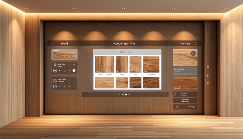 A sleek, modern wooden konfigurator interface, showcasing various wood types and finishes for custom sliding doors. The interface is presented in a clean, minimalist design with a natural, warm color palette. The layout features a central display area highlighting different wood samples, surrounded by intuitive control panels and customization options. Soft, directional lighting illuminates the display, creating a high-quality, premium feel. The scene is captured from a slightly elevated angle, allowing the viewer to appreciate the depth and detail of the interface. The overall atmosphere conveys a sense of craftsmanship, customization, and the ability to create the perfect sliding door solution for any space. A sleek, modern wooden konfigurator interface, showcasing various wood types and finishes for custom sliding doors. The interface is presented in a clean, minimalist design with a natural, warm color palette. The layout features a central display area highlighting different wood samples, surrounded by intuitive control panels and customization options. Soft, directional lighting illuminates the display, creating a high-quality, premium feel. The scene is captured from a slightly elevated angle, allowing the viewer to appreciate the depth and detail of the interface. The overall atmosphere conveys a sense of craftsmanship, customization, and the ability to create the perfect sliding door solution for any space.