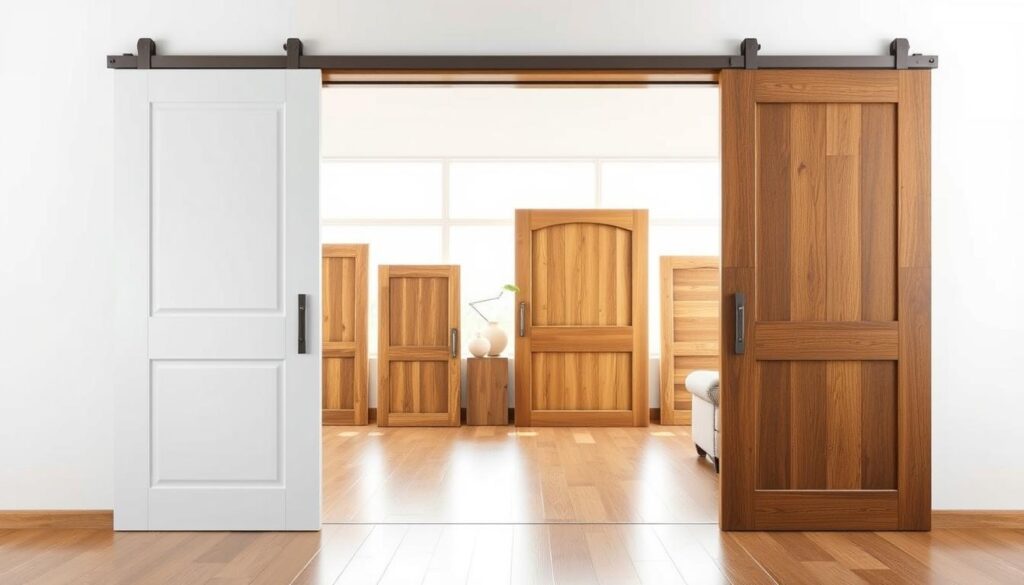 A sleek, modern wooden sliding door with multiple design variants showcased in a bright, airy room. The foreground features two distinctly styled door panels - one in a crisp, clean white finish and the other in a rich, textured wood-like composite (CPL). The middle ground presents a range of additional door designs, from single-panel to double-panel, in varying wood tones and finishes. The background softly illuminates the space with natural light pouring in through large windows, creating a warm, inviting atmosphere. Capture the elegance, versatility, and tailored aesthetic of these customizable sliding door solutions. A sleek, modern wooden sliding door with multiple design variants showcased in a bright, airy room. The foreground features two distinctly styled door panels - one in a crisp, clean white finish and the other in a rich, textured wood-like composite (CPL). The middle ground presents a range of additional door designs, from single-panel to double-panel, in varying wood tones and finishes. The background softly illuminates the space with natural light pouring in through large windows, creating a warm, inviting atmosphere. Capture the elegance, versatility, and tailored aesthetic of these customizable sliding door solutions.