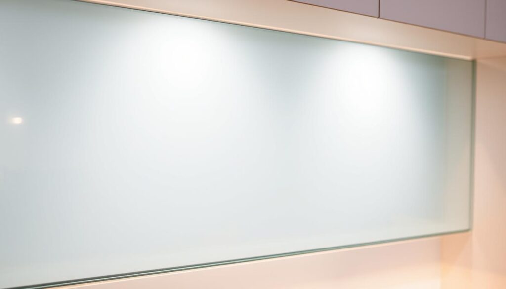 A sleek, tempered glass panel illuminated by soft, diffused lighting, casting a warm glow over a modern kitchen counter. The glass surface is seamless and spotless, reflecting the clean, minimalist design of the surrounding cabinetry. Subtle patterns or textures add visual interest, without distracting from the panel's primary function as a protective, splash-resistant barrier. The overall composition conveys a sense of sophistication, safety, and attention to detail, perfectly suited for the "Sicherheit und Individualisierung im Detail" section of the article.