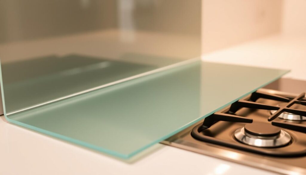 A sleek, tempered glass panel sits flush against a modern gas stove, creating a seamless, streamlined look. The glass is tinted a light, neutral shade, providing a subtle contrast to the stove's metallic accents. Precision-cut edges and a smooth, unblemished surface convey a high-quality, durable construction. Carefully positioned lighting casts a warm, even glow, highlighting the glass's clarity and resilience. The scene exudes a sense of sophistication and functionality, perfectly suited for the designated "Sicherheitsglas am Herd" section of the article.