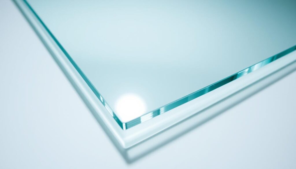 A sleek, tempered glass sheet glistens under soft, even lighting, showcasing its transparency and structural integrity. The glass appears seamless, with clean, precision-cut edges and a flawless surface. Subtle reflections dance across the material, hinting at its high-quality construction and resilience. The overall composition emphasizes the technical sophistication and refined aesthetic of this specialized "einscheibensicherheitsglas," or single-pane safety glass, suitable for shower enclosures and other high-traffic glass applications. The image conveys a sense of modern, uncompromising quality that aligns with the article's focus on "Technische Qualität, die überzeugt."