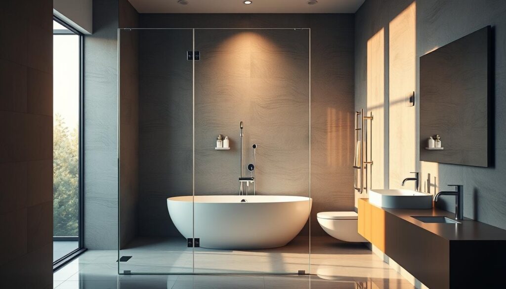 A sleek, tempered glass shower wall stands tall and sturdy, its smooth, seamless surface reflecting the warm, natural light flooding the luxurious bathroom. The 6mm ESG safety glass panels, cut with precision, exude an aura of modern elegance and unwavering protection. Captured from a slightly elevated angle, the image showcases the glass's exceptional clarity, its transparency allowing the stunning tile work and fixtures to shine through. The scene radiates a sense of tranquility and security, perfectly encapsulating the strength and reliability of the ESG glass solution. A sleek, tempered glass shower wall stands tall and sturdy, its smooth, seamless surface reflecting the warm, natural light flooding the luxurious bathroom. The 6mm ESG safety glass panels, cut with precision, exude an aura of modern elegance and unwavering protection. Captured from a slightly elevated angle, the image showcases the glass's exceptional clarity, its transparency allowing the stunning tile work and fixtures to shine through. The scene radiates a sense of tranquility and security, perfectly encapsulating the strength and reliability of the ESG glass solution.