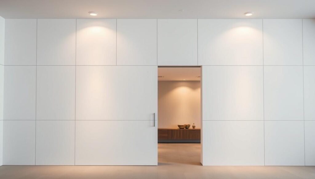 A sliding door system in a clean, modern interior setting. The wall panel seamlessly integrates the sliding door, creating a sleek, minimalist aesthetic. Warm, diffused lighting from overhead fixtures illuminates the scene, casting soft shadows and highlighting the smooth, uniform surface of the wall. The sliding mechanism is barely visible, emphasizing the effortless, uninterrupted flow of the design. The door glides open, revealing a glimpse of an adjacent room or space, inviting the viewer to imagine the functionality and versatility of this modular wall system. Emphasis is placed on the practical, installation-friendly aspects, showcasing the effortless integration into a drywall construction.