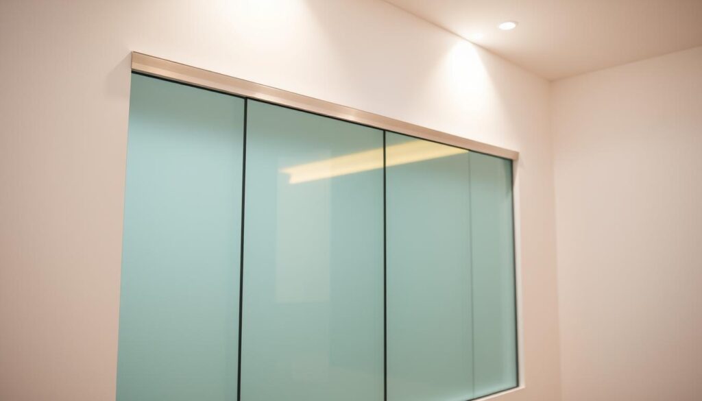 A sliding glass door running along the wall, with a sleek, modern design and a clean, minimalist aesthetic. The door is made of high-quality, transparent glass panels that glide effortlessly on a concealed track, blending seamlessly into the surrounding wall. Soft, diffused lighting from above casts a warm, inviting glow, highlighting the elegant simplicity of the sliding door mechanism. The scene exudes a sense of understated sophistication, perfectly suited for a contemporary interior design setting. The sliding door's discreet integration into the wall creates a seamless, uninterrupted visual flow, emphasizing the space-saving functionality and the architectural integration of this design element. A sliding glass door running along the wall, with a sleek, modern design and a clean, minimalist aesthetic. The door is made of high-quality, transparent glass panels that glide effortlessly on a concealed track, blending seamlessly into the surrounding wall. Soft, diffused lighting from above casts a warm, inviting glow, highlighting the elegant simplicity of the sliding door mechanism. The scene exudes a sense of understated sophistication, perfectly suited for a contemporary interior design setting. The sliding door's discreet integration into the wall creates a seamless, uninterrupted visual flow, emphasizing the space-saving functionality and the architectural integration of this design element.