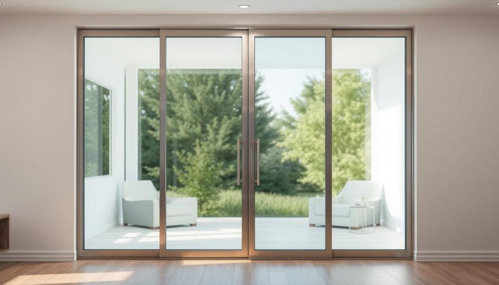 A sliding glass door with a sleek, modern design, showcasing clean lines and a minimalist aesthetic. The glass panes, framed in brushed metal, create a seamless transition between indoor and outdoor spaces. Positioned in a well-lit room, the door is illuminated by a combination of natural light filtering through large windows and strategically placed track lighting, casting a warm, inviting glow. The door's smooth, effortless sliding motion allows for easy accessibility, making it an ideal choice for versatile applications in living rooms, kitchens, bathrooms, and home offices. The high-quality, durable construction ensures long-lasting performance and visual appeal, complementing a variety of interior design styles. A sliding glass door with a sleek, modern design, showcasing clean lines and a minimalist aesthetic. The glass panes, framed in brushed metal, create a seamless transition between indoor and outdoor spaces. Positioned in a well-lit room, the door is illuminated by a combination of natural light filtering through large windows and strategically placed track lighting, casting a warm, inviting glow. The door's smooth, effortless sliding motion allows for easy accessibility, making it an ideal choice for versatile applications in living rooms, kitchens, bathrooms, and home offices. The high-quality, durable construction ensures long-lasting performance and visual appeal, complementing a variety of interior design styles.