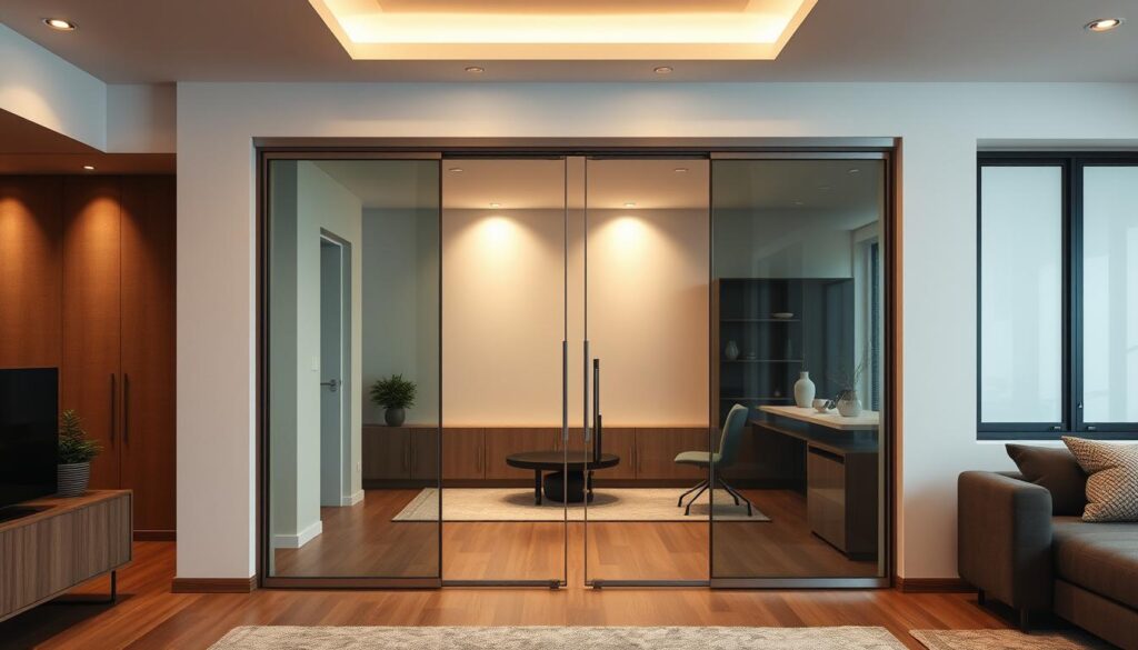 A sophisticated glass sliding door set against a warm, minimalist interior. The sleek, frameless panels of tempered glass glide effortlessly on a discreet track system, allowing uninterrupted views and a seamless flow between spaces. Soft, diffused lighting from recessed fixtures creates a inviting, gallery-like ambiance, highlighting the material's natural beauty and transparency. The door's simple, refined design complements the surrounding wooden accents, creating a harmonious, high-end aesthetic. Capture the door from a frontal angle, showcasing its clean lines and elegant proportions within the broader living environment. A sophisticated glass sliding door set against a warm, minimalist interior. The sleek, frameless panels of tempered glass glide effortlessly on a discreet track system, allowing uninterrupted views and a seamless flow between spaces. Soft, diffused lighting from recessed fixtures creates a inviting, gallery-like ambiance, highlighting the material's natural beauty and transparency. The door's simple, refined design complements the surrounding wooden accents, creating a harmonious, high-end aesthetic. Capture the door from a frontal angle, showcasing its clean lines and elegant proportions within the broader living environment.