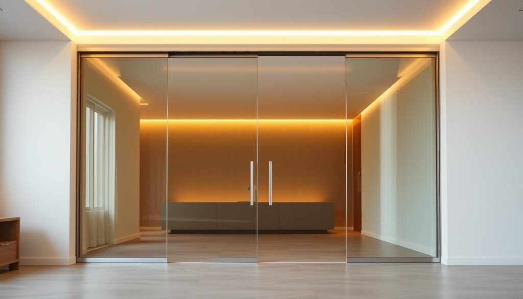 A spacious and well-lit interior with a modern glass sliding door system providing sound insulation. The doors are made of sleek, tempered glass panels that glide smoothly on a concealed track system. Warm, diffused lighting casts a soft glow, creating a serene and tranquil atmosphere. The glass panels are framed by minimalist, brushed metal hardware, seamlessly integrating with the contemporary design. The background features a muted, neutral color palette, allowing the focal point of the image to be the high-quality, soundproof glass sliding doors. The overall scene conveys a sense of sophistication, privacy, and acoustic comfort. A spacious and well-lit interior with a modern glass sliding door system providing sound insulation. The doors are made of sleek, tempered glass panels that glide smoothly on a concealed track system. Warm, diffused lighting casts a soft glow, creating a serene and tranquil atmosphere. The glass panels are framed by minimalist, brushed metal hardware, seamlessly integrating with the contemporary design. The background features a muted, neutral color palette, allowing the focal point of the image to be the high-quality, soundproof glass sliding doors. The overall scene conveys a sense of sophistication, privacy, and acoustic comfort.