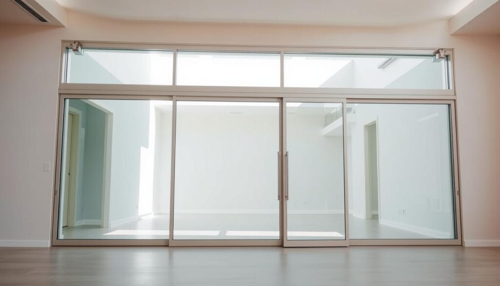 A spacious and well-lit sliding door wall in a modern interior, with a sleek, aluminum frame seamlessly integrated into the drywall. The door glides effortlessly on hidden rails, creating a seamless transition between rooms. The glass panels are crystal clear, allowing natural light to flow through, enhancing the airy and open atmosphere. The door's hardware is minimalist and streamlined, blending harmoniously with the overall design. The lighting is soft and diffused, creating a warm and inviting ambiance. The camera angle is slightly elevated, capturing the elegant simplicity of the sliding door system and its seamless integration into the architectural space. A spacious and well-lit sliding door wall in a modern interior, with a sleek, aluminum frame seamlessly integrated into the drywall. The door glides effortlessly on hidden rails, creating a seamless transition between rooms. The glass panels are crystal clear, allowing natural light to flow through, enhancing the airy and open atmosphere. The door's hardware is minimalist and streamlined, blending harmoniously with the overall design. The lighting is soft and diffused, creating a warm and inviting ambiance. The camera angle is slightly elevated, capturing the elegant simplicity of the sliding door system and its seamless integration into the architectural space.