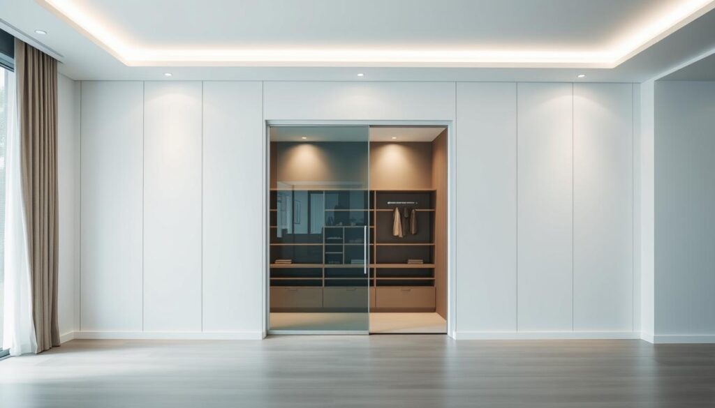 A spacious, bright room with a sleek, built-in wall-mounted sliding door system. The door is made of tempered glass, seamlessly integrated into the neutral-toned wall, creating a sense of openness and minimalism. The door glides effortlessly along a discreet track, revealing a spacious, well-organized storage unit behind it, with shelves and compartments for efficient storage. Soft, directional lighting from above casts a warm glow, highlighting the clean lines and high-quality materials. The overall atmosphere is one of modern sophistication and practical functionality, perfectly suited for a stylish home interior.