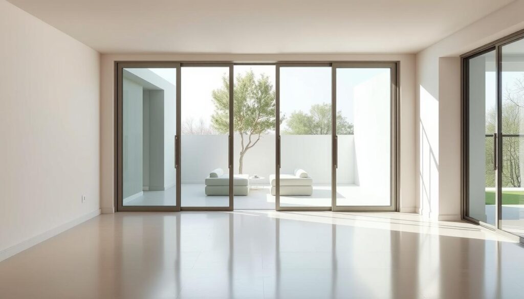 A spacious, bright room with sleek, frameless glass sliding doors seamlessly integrated into the walls. The doors are positioned to create a seamless flow between indoor and outdoor spaces, allowing natural light to flood the room. The glass panels are tinted to provide privacy and reduce sound transmission, ensuring a tranquil and serene atmosphere. The room's neutral color palette and minimalist decor emphasize the clean, modern aesthetic, with the sliding doors as the focal point. Subtle ambient lighting casts a warm glow, complementing the reflective surfaces and creating a harmonious, high-end ambiance. The overall scene conveys a sense of sophisticated, sound-insulated living space that is both functional and visually appealing. A spacious, bright room with sleek, frameless glass sliding doors seamlessly integrated into the walls. The doors are positioned to create a seamless flow between indoor and outdoor spaces, allowing natural light to flood the room. The glass panels are tinted to provide privacy and reduce sound transmission, ensuring a tranquil and serene atmosphere. The room's neutral color palette and minimalist decor emphasize the clean, modern aesthetic, with the sliding doors as the focal point. Subtle ambient lighting casts a warm glow, complementing the reflective surfaces and creating a harmonious, high-end ambiance. The overall scene conveys a sense of sophisticated, sound-insulated living space that is both functional and visually appealing.