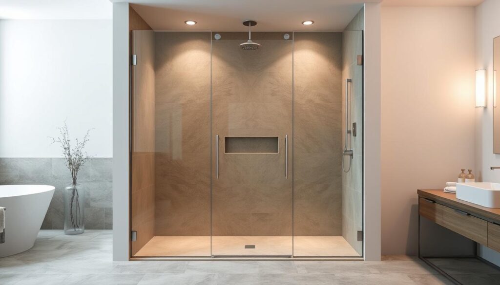 A spacious, contemporary walk-in shower enclosure made of sleek, frameless glass panels. The enclosure is situated in a bright, airy bathroom with natural stone tiles covering the floor and walls. Soft, diffused lighting from above casts a warm, ambient glow, creating a spa-like atmosphere. The shower area is generously sized, with a minimalist design that allows for easy access and a seamless transition from the rest of the bathroom. The glass panels are meticulously crafted, with clean lines and a polished finish that reflects the surrounding space. The overall impression is one of sophisticated elegance and functional simplicity, perfectly suited for a luxurious modern bathroom.
