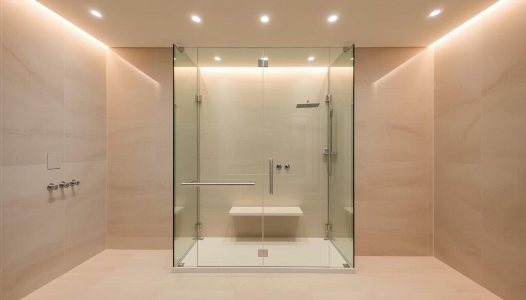 A spacious, elegant bathroom with a stunning walk-in shower enclosure. The focal point is a sleek, frameless glass wall that seamlessly blends with the tiled floor and walls, creating a seamless, barrier-free entry. Soft, diffused lighting from recessed ceiling fixtures casts a warm, inviting glow, accentuating the clean, modern lines of the design. The glass panels reflect the surrounding tiles, amplifying the sense of openness and airiness. A subtle, minimalist shower head and fixtures complement the minimalist aesthetic, while a built-in bench or shelf provides a practical and stylish addition. The overall effect is one of contemporary, accessible luxury, perfectly suited for a relaxing and rejuvenating bathing experience. A spacious, elegant bathroom with a stunning walk-in shower enclosure. The focal point is a sleek, frameless glass wall that seamlessly blends with the tiled floor and walls, creating a seamless, barrier-free entry. Soft, diffused lighting from recessed ceiling fixtures casts a warm, inviting glow, accentuating the clean, modern lines of the design. The glass panels reflect the surrounding tiles, amplifying the sense of openness and airiness. A subtle, minimalist shower head and fixtures complement the minimalist aesthetic, while a built-in bench or shelf provides a practical and stylish addition. The overall effect is one of contemporary, accessible luxury, perfectly suited for a relaxing and rejuvenating bathing experience.