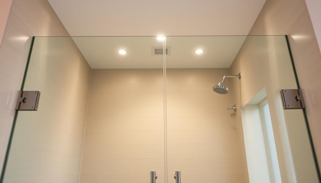 A spacious, minimalist glass shower enclosure with a sleek, frameless design. The shower features a wide, rectangular glass panel that stretches from floor to ceiling, creating an airy, open feel. The glass is tinted with a subtle hue, casting a warm, natural light throughout the space. The door is seamlessly integrated, opening smoothly on discreet hinges. Polished chrome fixtures accent the design, reflecting the surrounding tile work. Soft, even lighting from recessed ceiling fixtures illuminates the scene, emphasizing the clean lines and luxurious materials. The overall impression is one of modern elegance and spa-like tranquility. A spacious, minimalist glass shower enclosure with a sleek, frameless design. The shower features a wide, rectangular glass panel that stretches from floor to ceiling, creating an airy, open feel. The glass is tinted with a subtle hue, casting a warm, natural light throughout the space. The door is seamlessly integrated, opening smoothly on discreet hinges. Polished chrome fixtures accent the design, reflecting the surrounding tile work. Soft, even lighting from recessed ceiling fixtures illuminates the scene, emphasizing the clean lines and luxurious materials. The overall impression is one of modern elegance and spa-like tranquility.