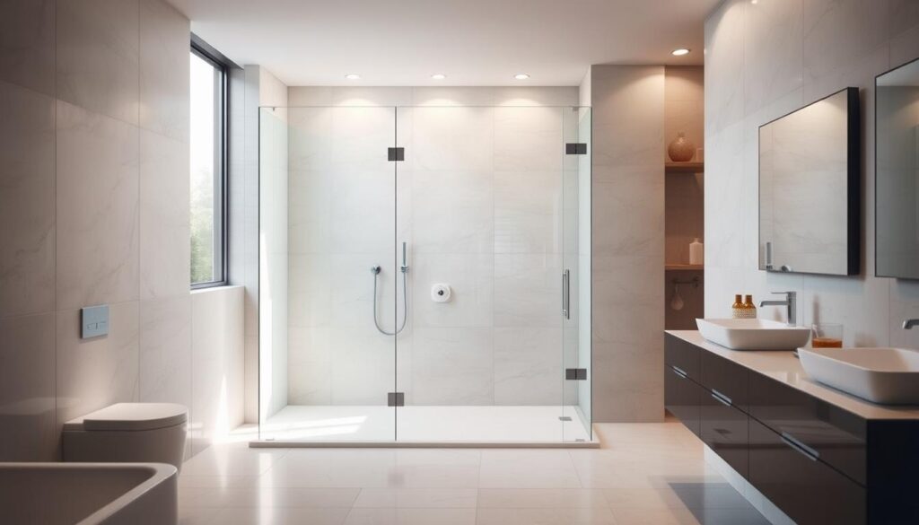 A spacious, modern bathroom interior with a focus on a custom-built glass shower enclosure. The shower features clean, minimalist lines with a frameless glass door and walls, allowing natural light to flood the space. The glass panels are expertly installed, seamlessly integrated into the surrounding tiled walls. The layout offers multiple configuration options, showcasing the versatility of this tailored solution. Soft, indirect lighting creates a serene, spa-like ambiance, while the neutral color palette and sleek fixtures complement the overall elegant aesthetic. The scene captures the essence of a luxurious, bespoke shower installation that can be adapted to various bathroom sizes and layouts. A spacious, modern bathroom interior with a focus on a custom-built glass shower enclosure. The shower features clean, minimalist lines with a frameless glass door and walls, allowing natural light to flood the space. The glass panels are expertly installed, seamlessly integrated into the surrounding tiled walls. The layout offers multiple configuration options, showcasing the versatility of this tailored solution. Soft, indirect lighting creates a serene, spa-like ambiance, while the neutral color palette and sleek fixtures complement the overall elegant aesthetic. The scene captures the essence of a luxurious, bespoke shower installation that can be adapted to various bathroom sizes and layouts.