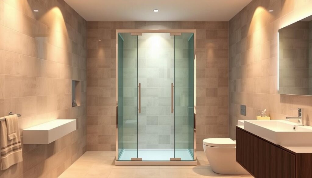 A spacious, modern bathroom with a custom-designed shower enclosure. The shower occupies the center of the frame, with sleek, frameless glass panels that seamlessly integrate with the tiled wall. Warm, directional lighting illuminates the space, creating a serene and inviting atmosphere. The shower floor is gently sloped, ensuring a comfortable and safe entry. The overall layout showcases a thoughtful, efficient use of space, catering to the needs of a compact bathroom. The image conveys a sense of practicality and sophistication, perfectly suited to illustrate the "Quick-Planung für kleine Bäder" section of the article.