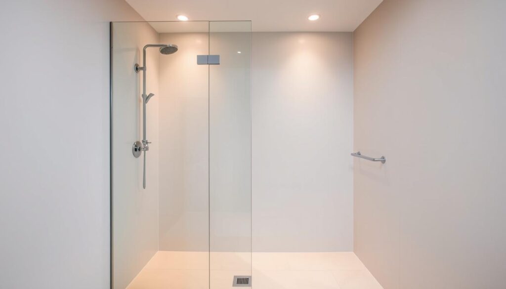 A spacious, modern bathroom with a walk-in shower. The shower enclosure features a glass panel, seamlessly integrated into the tile flooring. Warm, indirect lighting casts a soft glow, illuminating the clean, minimalist design. The showerhead is mounted on an adjustable arm, allowing for customized water flow. Sleek chrome fixtures complement the neutral color palette, creating a spa-like atmosphere. The layout is carefully planned, with ample space for maneuvering and a discreet drain to prevent water from escaping the designated area. The overall impression is one of functionality, sophistication, and attention to detail.