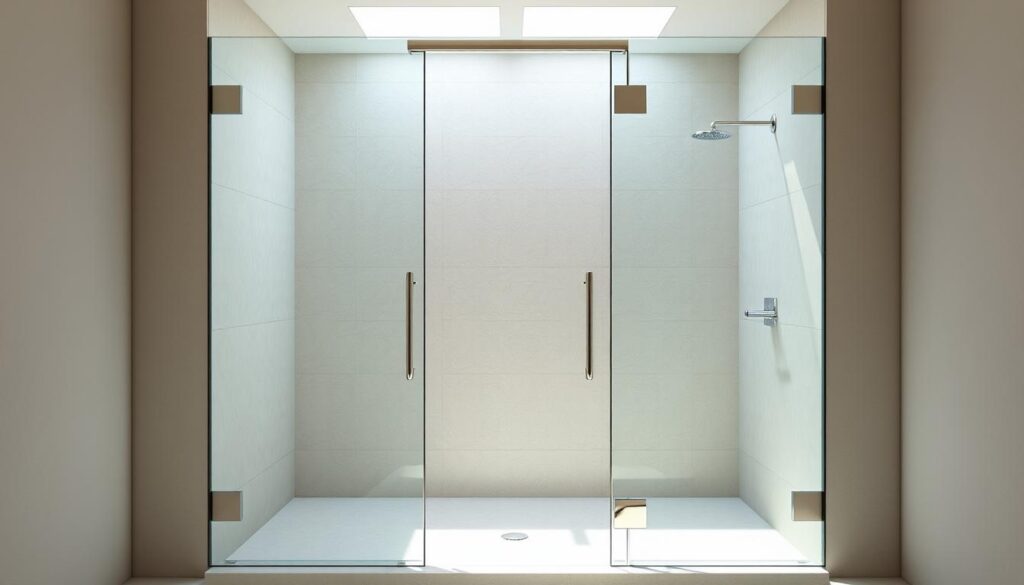 A spacious, modern glass shower enclosure with a sleek, minimalist design. The frameless, floor-to-ceiling glass panels create a seamless, open layout, allowing natural light to flood the space. Polished chrome hardware and fittings provide a sophisticated, high-end finish. The glass has a lustrous, slightly reflective sheen, creating a sense of depth and visual interest. The shower is set against a neutral, tiled wall, allowing the glass to be the focal point. Soft, diffused lighting casts a warm, inviting glow, enhancing the luxurious, spa-like ambiance. The overall composition emphasizes clean lines, elegant simplicity, and a harmonious interplay of light and transparency.