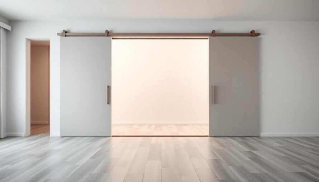 A spacious, modern interior showcasing a sleek montage sliding door system. In the foreground, the sliding door panels glide effortlessly along a concealed track, creating a seamless transition between rooms. The middle ground features a minimalist, white-painted drywall frame, highlighting the clean lines and elegant design of the sliding doors. In the background, a warm, natural lighting filters through, casting a soft glow and creating a tranquil, inviting atmosphere. The overall composition emphasizes the easy installation, versatility, and space-saving benefits of the montage sliding door solution.