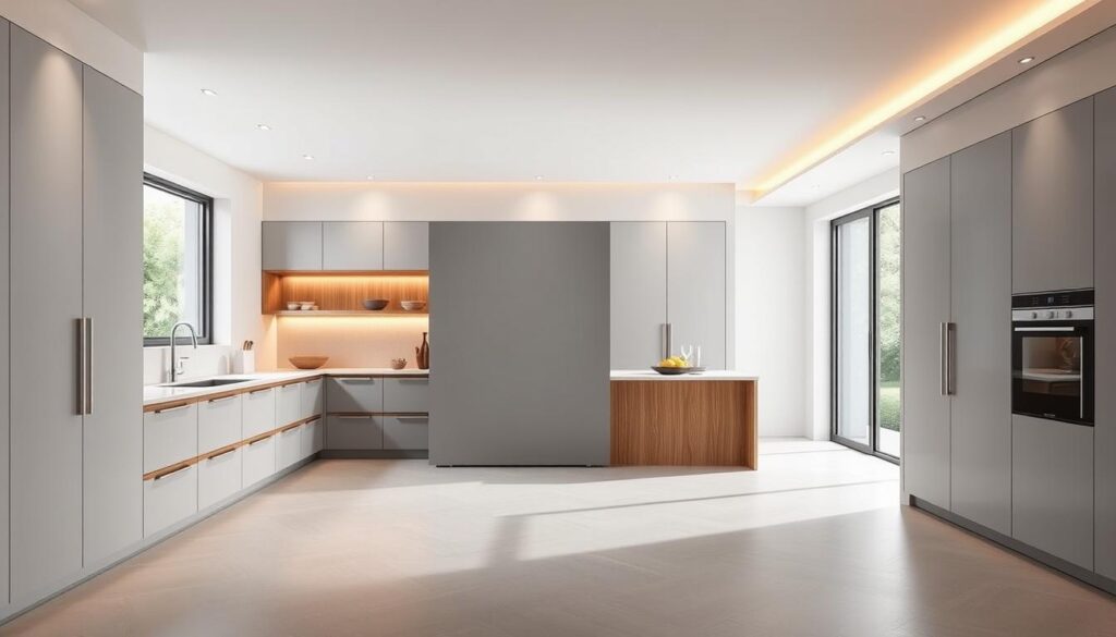 A spacious, modern kitchen with a sleek sliding door integrated seamlessly into the cabinetry. The door glides effortlessly on concealed tracks, blending seamlessly with the clean, minimalist design. Warm, diffused lighting from recessed fixtures and a large window creates a soft, inviting atmosphere. Smooth, matte surfaces in neutral tones of gray and white complement the natural wood accents, giving the space a harmonious and sophisticated feel. The sliding door offers a fluid transition between the kitchen and an adjacent room, enhancing the open, airy flow of the space.