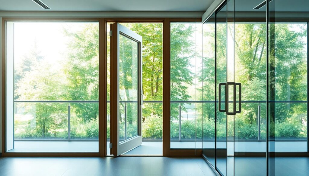 A spacious, modern office interior with sleek glass sliding doors framing a bright outdoor scene. The doors are made of tempered glass panels, seamlessly gliding along a concealed track system. Minimalist chrome hardware and a subtle wooden frame accent the elegant, minimalist design. Soft, diffused natural light filters through the glass, creating a warm, inviting atmosphere. The doors open to reveal a lush, verdant outdoor patio or garden, blending the indoor and outdoor spaces. Carefully composed to showcase the versatility and aesthetic appeal of these "schiebetüren" in a professional, commercial setting.