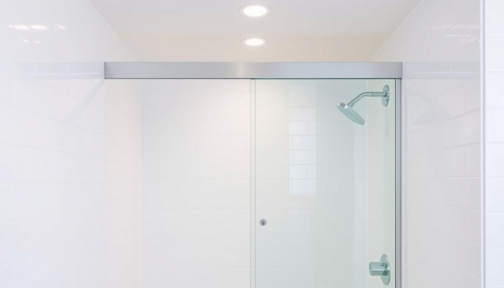 A spacious shower niche with a sleek, minimalist sliding glass door. The door glides effortlessly on a concealed track, maximizing the usable space. The niche is surrounded by pristine white tiles, creating a clean, modern aesthetic. Soft, diffused lighting from above casts a warm, inviting glow, complemented by the transparent glass that allows natural light to filter in. The sliding mechanism operates with precision, offering a seamless, high-quality user experience. The overall design is tailored to the user's needs, blending form and function for the perfect custom shower solution. A spacious shower niche with a sleek, minimalist sliding glass door. The door glides effortlessly on a concealed track, maximizing the usable space. The niche is surrounded by pristine white tiles, creating a clean, modern aesthetic. Soft, diffused lighting from above casts a warm, inviting glow, complemented by the transparent glass that allows natural light to filter in. The sliding mechanism operates with precision, offering a seamless, high-quality user experience. The overall design is tailored to the user's needs, blending form and function for the perfect custom shower solution.