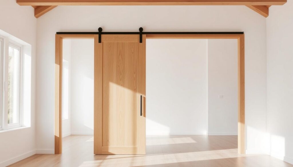 A spacious, sun-lit room with a beautifully crafted wooden sliding door in the foreground. The door's smooth, natural grain and sleek design seamlessly blend with the modern, minimalist décor. The door is set against a backdrop of clean white walls, creating a sense of elegance and simplicity. Soft, warm lighting from overhead casts a gentle glow, highlighting the door's intricate details. The sliding mechanism operates effortlessly, allowing the door to glide open and closed with ease, saving valuable floor space and optimizing the room's layout. This versatile, space-saving solution perfectly embodies the concept of "Einsatzbereiche: Platz sparen und Räume clever nutzen". A spacious, sun-lit room with a beautifully crafted wooden sliding door in the foreground. The door's smooth, natural grain and sleek design seamlessly blend with the modern, minimalist décor. The door is set against a backdrop of clean white walls, creating a sense of elegance and simplicity. Soft, warm lighting from overhead casts a gentle glow, highlighting the door's intricate details. The sliding mechanism operates effortlessly, allowing the door to glide open and closed with ease, saving valuable floor space and optimizing the room's layout. This versatile, space-saving solution perfectly embodies the concept of "Einsatzbereiche: Platz sparen und Räume clever nutzen".
