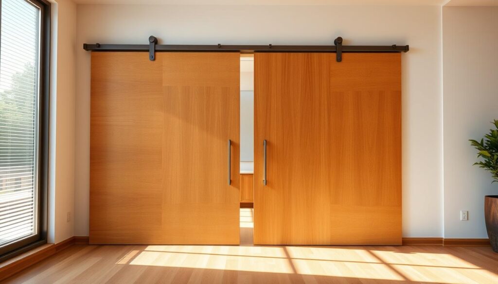 A spacious, sunlit room showcases a stunning wooden sliding door, its smooth, grained surface gleaming with a refined, natural elegance. The door glides effortlessly on concealed tracks, seamlessly integrating into the surrounding architecture. Warm, diffused lighting casts a soft, inviting glow, accentuating the door's intricate craftsmanship and highlighting the thoughtful design that harmonizes with the room's minimalist aesthetic. The scene exudes a sense of tranquility and sophistication, inviting the viewer to imagine the door's graceful function in the daily flow of the living space. A spacious, sunlit room showcases a stunning wooden sliding door, its smooth, grained surface gleaming with a refined, natural elegance. The door glides effortlessly on concealed tracks, seamlessly integrating into the surrounding architecture. Warm, diffused lighting casts a soft, inviting glow, accentuating the door's intricate craftsmanship and highlighting the thoughtful design that harmonizes with the room's minimalist aesthetic. The scene exudes a sense of tranquility and sophistication, inviting the viewer to imagine the door's graceful function in the daily flow of the living space.