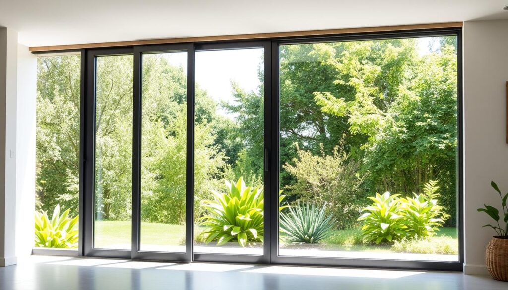 A spacious, sunlit room with a modern glass sliding door that seamlessly blends the indoor and outdoor spaces. The door's sleek, frameless design features tempered safety glass panels that glide effortlessly on a sturdy, concealed track system. Subtle metallic hardware in a brushed finish complements the minimalist aesthetic, creating a harmonious and visually appealing focal point. Lush greenery and natural light pour in through the translucent panels, fostering a serene and airy ambiance that enhances the room's overall aesthetic. The sliding door's versatility allows for easy access and a seamless flow between the living area and a picturesque garden or patio, perfectly suited for a variety of home environments and design styles. A spacious, sunlit room with a modern glass sliding door that seamlessly blends the indoor and outdoor spaces. The door's sleek, frameless design features tempered safety glass panels that glide effortlessly on a sturdy, concealed track system. Subtle metallic hardware in a brushed finish complements the minimalist aesthetic, creating a harmonious and visually appealing focal point. Lush greenery and natural light pour in through the translucent panels, fostering a serene and airy ambiance that enhances the room's overall aesthetic. The sliding door's versatility allows for easy access and a seamless flow between the living area and a picturesque garden or patio, perfectly suited for a variety of home environments and design styles.