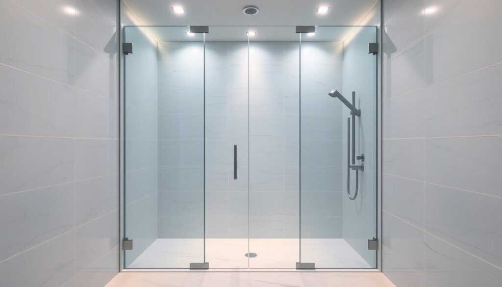A spacious, walk-in shower enclosure with a minimalist, modern design. The glass panels seamlessly integrate with the sleek, polished tiles, creating a seamless, high-end aesthetic. Soft, indirect lighting emanates from recessed fixtures, casting a warm, inviting glow that accentuates the clean lines and premium materials. The spacious, open layout emphasizes the luxurious, spa-like ambiance, with a frameless glass door that allows for unobstructed views and easy access. This walk-in shower serves as a stunning, functional design statement that elevates the overall bathroom experience.