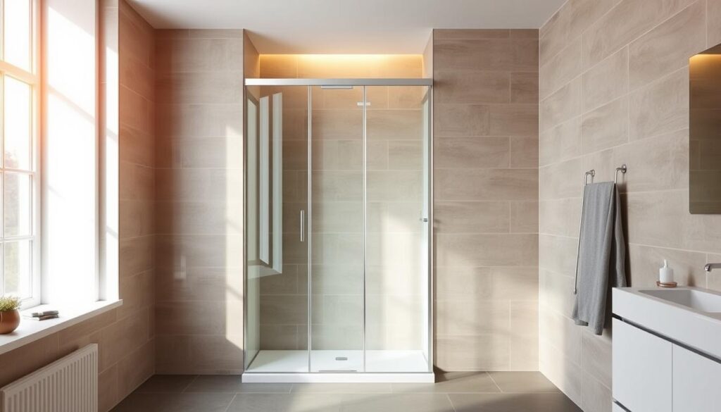 A spacious, well-lit bathroom interior showcasing a modern walk-in shower enclosure. The shower's glass panel measures precisely 120x140 cm, with a sleek, frameless design that seamlessly integrates with the surrounding tiles. Warm, natural lighting casts a soft, inviting glow, highlighting the high-quality materials and attention to detail. The shower's placement allows for easy, unobstructed access, creating a spa-like atmosphere. The overall composition emphasizes the practicality and visual appeal of this customizable shower solution, perfectly suited for the "Maße richtig wählen" section of the article. A spacious, well-lit bathroom interior showcasing a modern walk-in shower enclosure. The shower's glass panel measures precisely 120x140 cm, with a sleek, frameless design that seamlessly integrates with the surrounding tiles. Warm, natural lighting casts a soft, inviting glow, highlighting the high-quality materials and attention to detail. The shower's placement allows for easy, unobstructed access, creating a spa-like atmosphere. The overall composition emphasizes the practicality and visual appeal of this customizable shower solution, perfectly suited for the "Maße richtig wählen" section of the article.