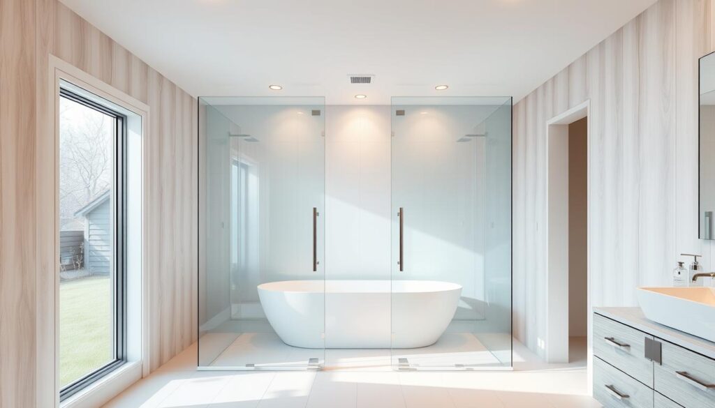 A spacious, well-lit bathroom with a modern, sleek glass shower enclosure taking center stage. The duschtüren (shower doors) feature a frameless, minimalist design, allowing the natural light to flow freely through the room. The glass panels are seamlessly integrated, creating a sense of uninterrupted space and elegance. Subtle chrome hardware accents the doors, adding a touch of sophistication. Warm, diffused lighting from recessed fixtures casts a gentle glow, enhancing the luxurious ambiance. The bathroom's neutral color palette of white tiles and light-toned wood creates a serene, spa-like atmosphere, perfectly complementing the high-quality, bespoke duschtüren.