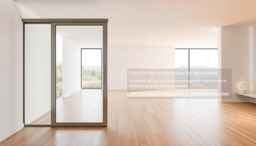 A spacious, well-lit interior with a modern, minimalist aesthetic. In the foreground, a sleek, frameless glass sliding door with a clean, seamless design, partially open to reveal a serene outdoor scene. The door's configuration can be easily adjusted using an intuitive digital interface, with options to customize the size, tint, and hardware. In the middle ground, a modern, uncluttered room with clean lines and neutral tones, inviting the viewer to envision the versatility of this customizable glass door solution. The background subtly suggests a serene, natural landscape, creating a harmonious balance between indoor and outdoor spaces. Warm, diffused lighting enhances the sense of openness and tranquility, perfectly capturing the essence of the "Glasschiebetür nach Maß" product and the "Jetzt online konfigurieren oder persönlich bestellen" section of the article.